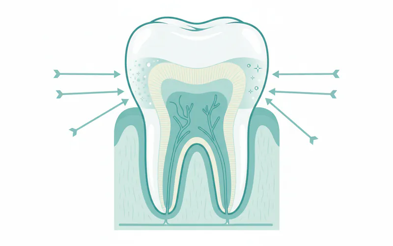 A diagram showing the cross-section of a tooth, highlighting the enamel layer, with arrows pointing to areas of demineralization (early cavity) and remineralization (repair by calcium and fluoride ions).