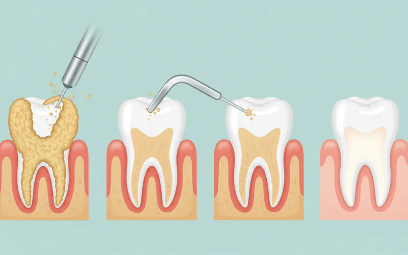 A series of illustrations depicting the steps of scaling and root planing, starting with calculus buildup, then showing ultrasonic scaler use, followed by hand scaling, and finally a clean root surface.