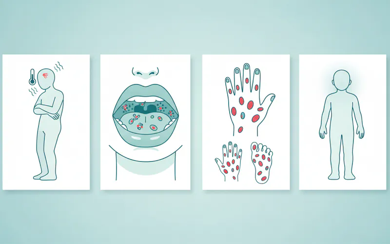 diagram illustrating the progression of HFMD symptoms from initial fever and malaise, through the development of oral lesions, to the appearance of characteristic hand and foot rashes, and finally recovery.