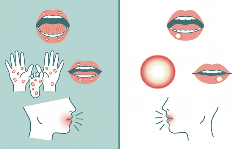 comparison chart showing the differences between HFMD lesions and common canker sores, highlighting locations, appearance, and associated symptoms side-by-side.
