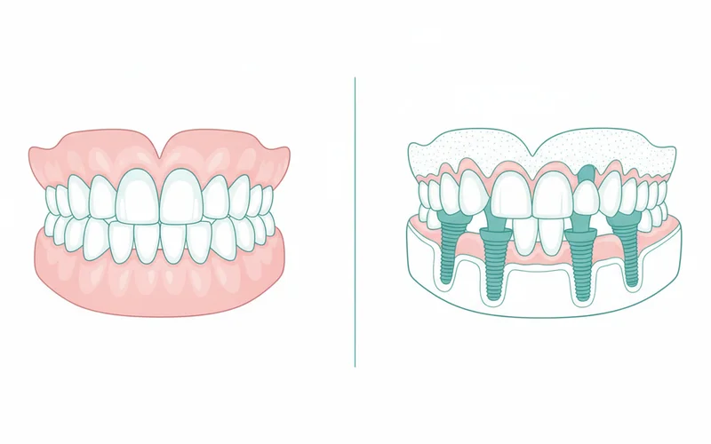 A side-by-side comparison illustrating a traditional full upper denture sitting on gums versus an implant-supported full upper bridge showing implants integrated into the jawbone.