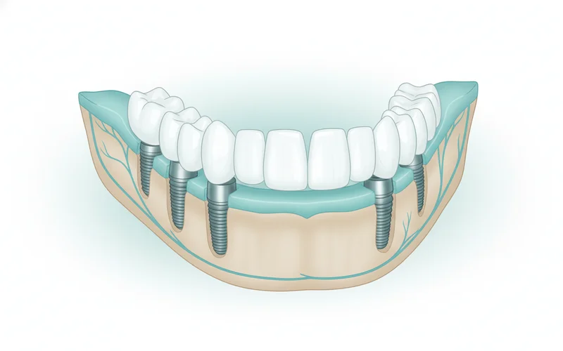 An illustration showing the All-on-4 dental implant system, specifically highlighting the four strategically angled implants supporting a full arch bridge.