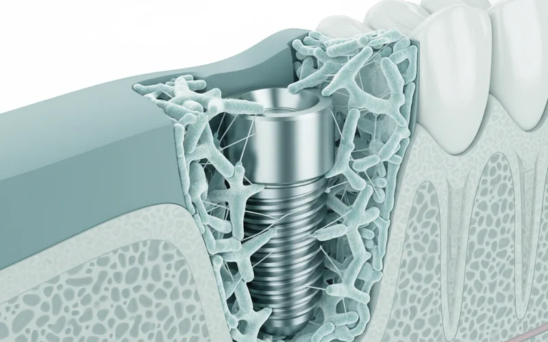 A detailed medical illustration showing the process of osseointegration, with bone cells growing directly onto and fusing with the threaded surface of a titanium dental implant.