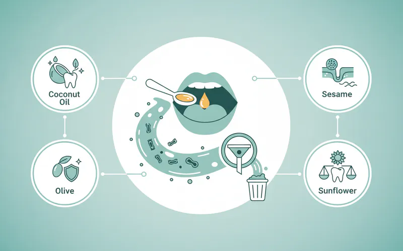 Infographic illustrating the oil pulling process with different types of oils and their purported benefits