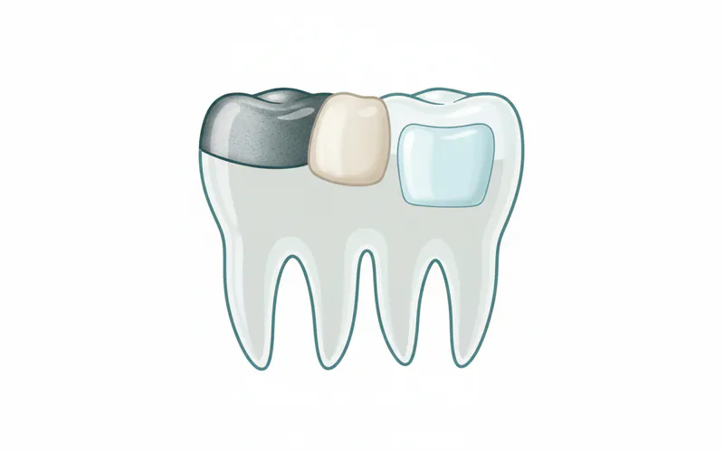 Diagram showing different types of dental fillings (amalgam, composite, ceramic) placed in a molar tooth