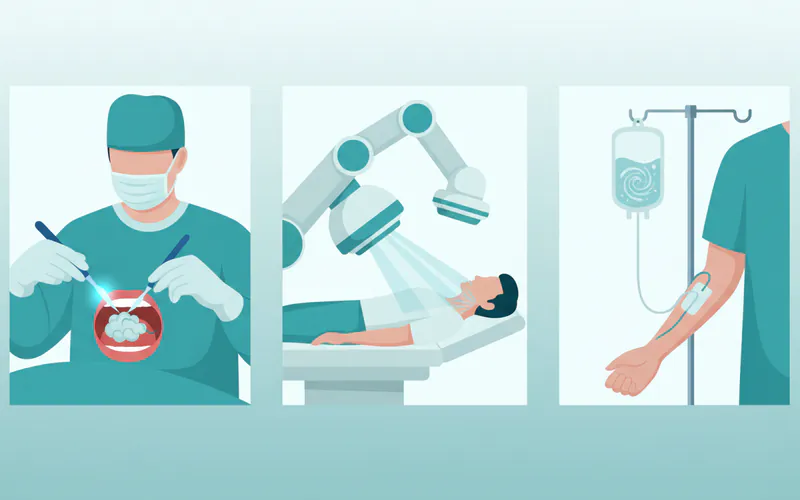 Diagram illustrating different oral cancer treatment modalities, such as a surgeon performing a tumor resection, a patient undergoing external beam radiation therapy, and IV chemotherapy infusion.