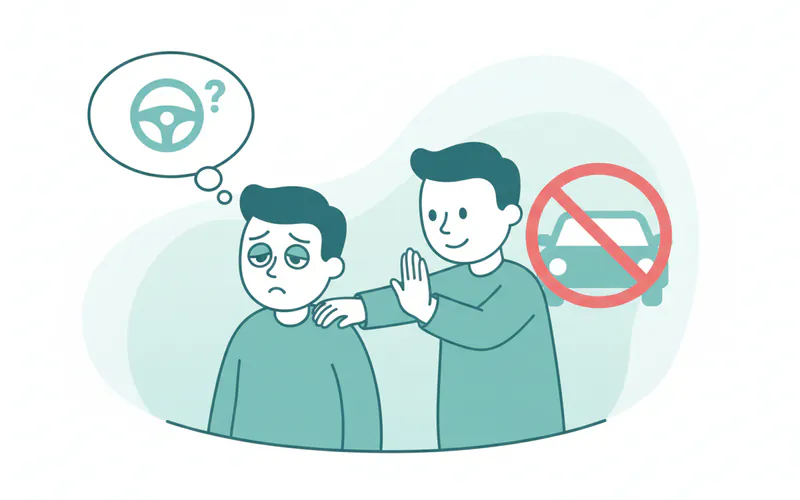 A cartoon image showing a person looking drowsy with a thought bubble above their head "Should I drive?" while another person gently puts a hand on their shoulder, signaling them not to drive.