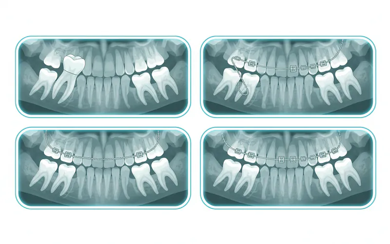 A series of X-rays showing the progression of an impacted canine being pulled into alignment using orthodontic traction. First X-ray shows the impacted tooth, second shows it with a bracket and chain, third shows partial eruption, and fourth shows full eruption.