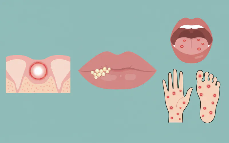 A side-by-side comparison illustration of a minor canker sore on the gum (white center, red halo), a cold sore on the lip (clustered blisters), and a diagram showing oral lesions from Hand, Foot, and Mouth Disease on the palate/tongue along with hand/foot rashes.