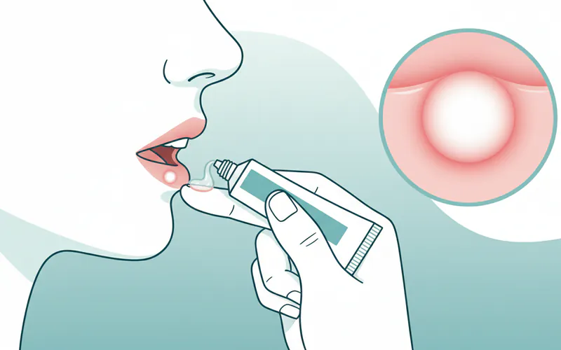 A patient applying a topical gel to a canker sore on their gum, with an inset showing a close-up of a well-defined minor aphthous ulcer.
