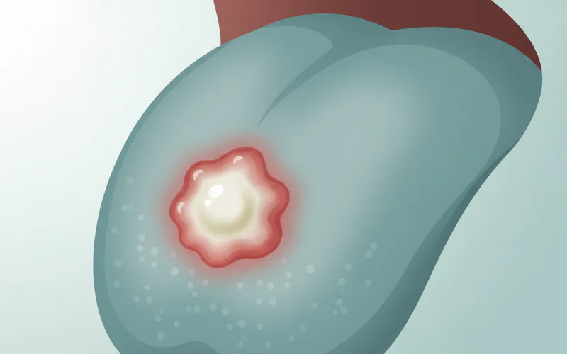 A close-up medical illustration of a canker sore (aphthous ulcer) on the side of a human tongue, showing its characteristic white/yellow center and red inflamed border.