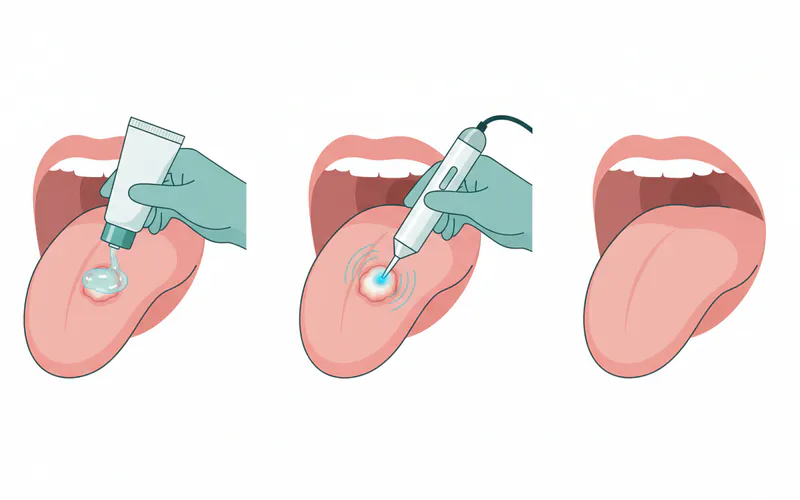 A series of three illustrations showing the progression of canker sore treatment: 1) A person applying a topical gel to a canker sore on their tongue, 2) A dental professional using a hand-held laser device on a canker sore, 3) A healed tongue with no visible sore.