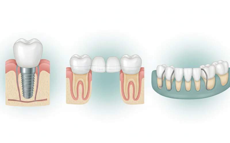 Detailed illustration comparing a single tooth implant, a 3-unit traditional dental bridge, and a partial removable denture to show the different tooth replacement methods and how an implant replaces the root.