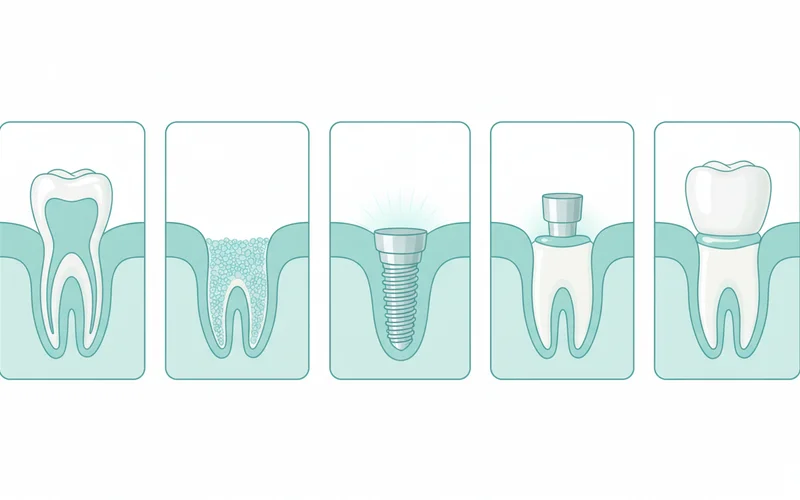 A detailed infographic illustrating the multi-stage dental implant process: 1) Initial tooth extraction, 2) Bone graft (optional), 3) Implant post placement and healing (osseointegration), 4) Abutment placement, 5) Final crown placement.