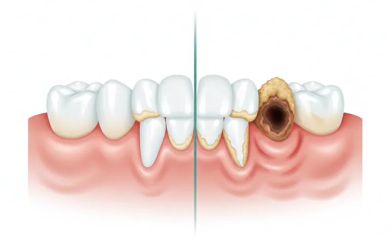 A detailed illustration showing a cat's mouth with a healthy side and a diseased side, highlighting plaque, tartar, inflamed gums (gingivitis), and a decayed tooth. Labels point to each condition.