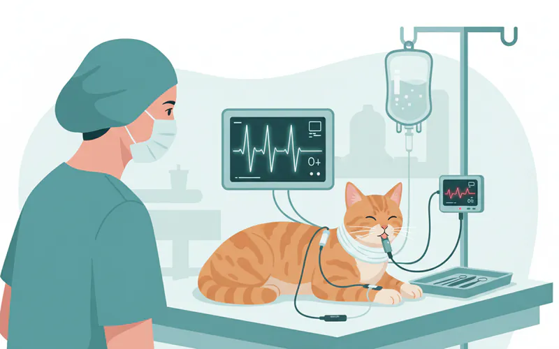 A veterinary technician monitoring a cat under anesthesia during a dental cleaning. The image shows the cat intubated, with monitoring equipment (ECG, pulse oximeter) connected, and an IV drip visible.