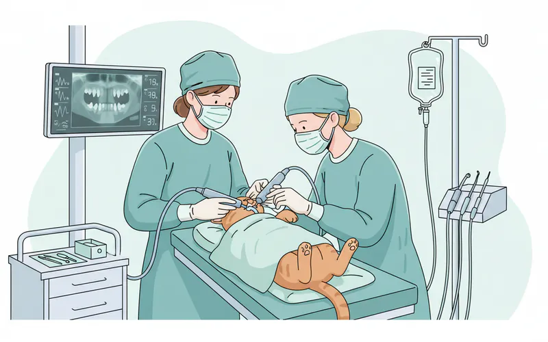 A veterinary team performing a dental cleaning on a cat under anesthesia, with one person monitoring vital signs and another using a dental scaler on the cat's teeth. Dental X-ray monitor visible in the background.