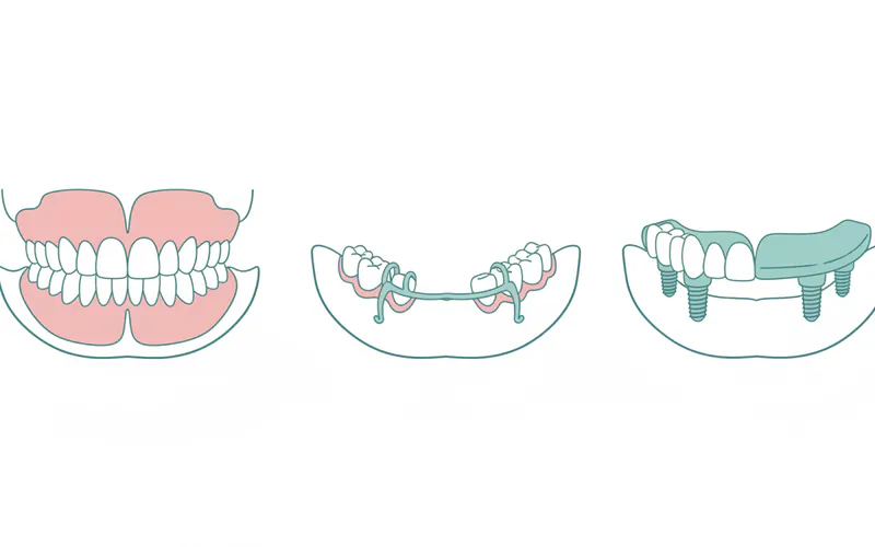 Illustration comparing a complete upper denture, a lower partial denture, and an implant-supported overdenture.