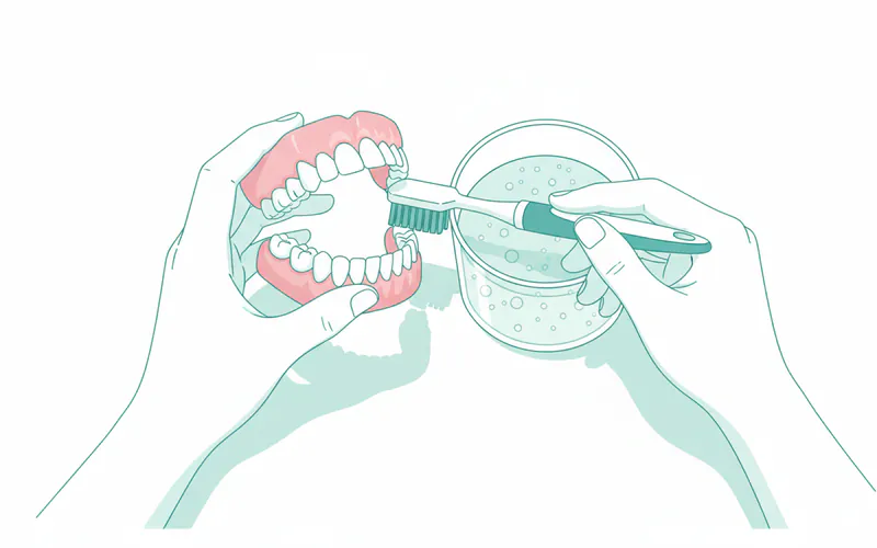 A person demonstrating how to clean a complete denture using a denture brush and a denture cleaning solution in a container.