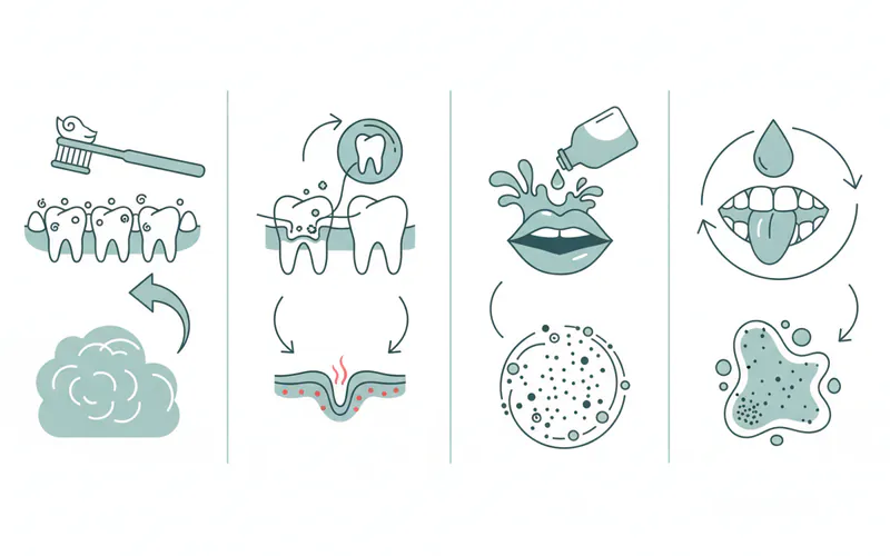 Comparison chart illustrating the different methods of oral care, showing brushing, flossing, mouthwash, and oil pulling, highlighting what each primarily addresses.