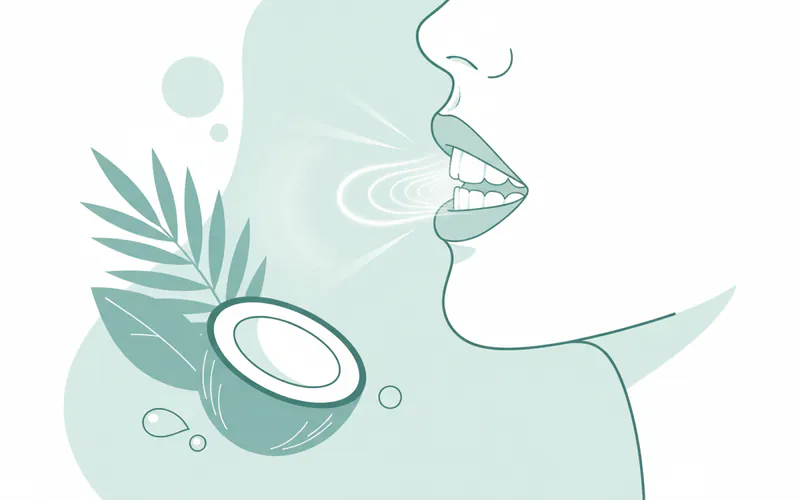 A stylized illustration depicting a person gently swishing coconut oil in their mouth, with a subtle glow around their teeth and a healthy, clean appearance. The background could show elements of natural oral care.