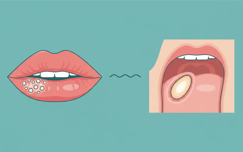 Illustration comparing a cold sore (on the lip) with a canker sore (inside the mouth), clearly highlighting their distinct locations and appearances.