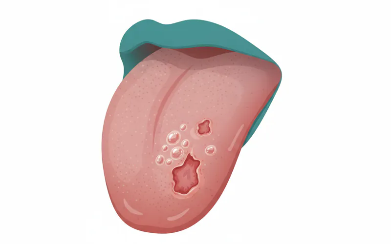 Close-up medical photograph of the human tongue showing several small, clear, and ruptured vesicles forming small ulcers with a reddish base, typical of an active cold sore outbreak.