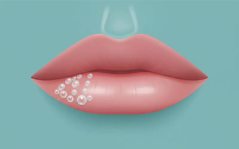 Illustration showing a close-up of a lip with a cluster of small, clear fluid-filled cold sore blisters forming on the vermilion border.