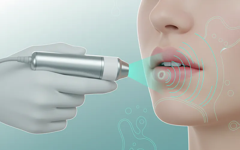 Diagram illustrating a dental professional using a hand-held low-level laser device on a patient's lip to treat a cold sore, showing the laser light penetrating the tissue.