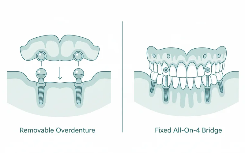 A diagram showing two types of implant dentures side-by-side: one illustrating a removable overdenture snapping onto two implants, and the other illustrating a fixed all-on-4 bridge permanently screwed onto four implants.