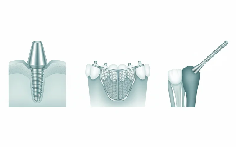 Illustration showing the different types of dental implants: Endosteal screw-shaped implant, Subperiosteal framework on bone, and a Zygomatic implant anchored in the cheekbone.