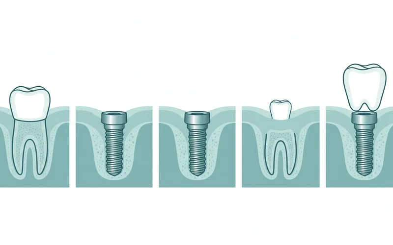 A step-by-step diagram showing the dental implant process: 1. Missing tooth, 2. Implant placed in jawbone, 3. Healing/osseointegration, 4. Abutment attached, 5. Crown placed.