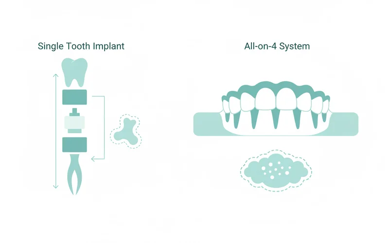 Infographic showing the breakdown of costs for a single tooth implant vs. an All-on-4 system, highlighting the components like implant, abutment, crown, and potential additional procedures like bone graft.
