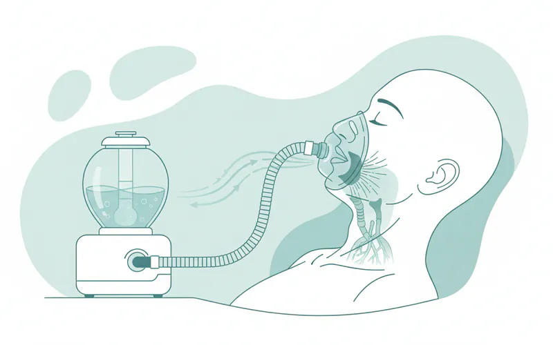 Illustration of a person sleeping with a CPAP mask, showing the airflow from the machine, through the humidifier, and into the respiratory system, highlighting areas prone to dryness like the mouth and throat.