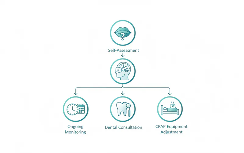 A flow chart illustrating the step-by-step troubleshooting process for CPAP dry mouth, starting from self-assessment, moving to sleep specialist consultation, then dental consultation, and finally ongoing monitoring.
