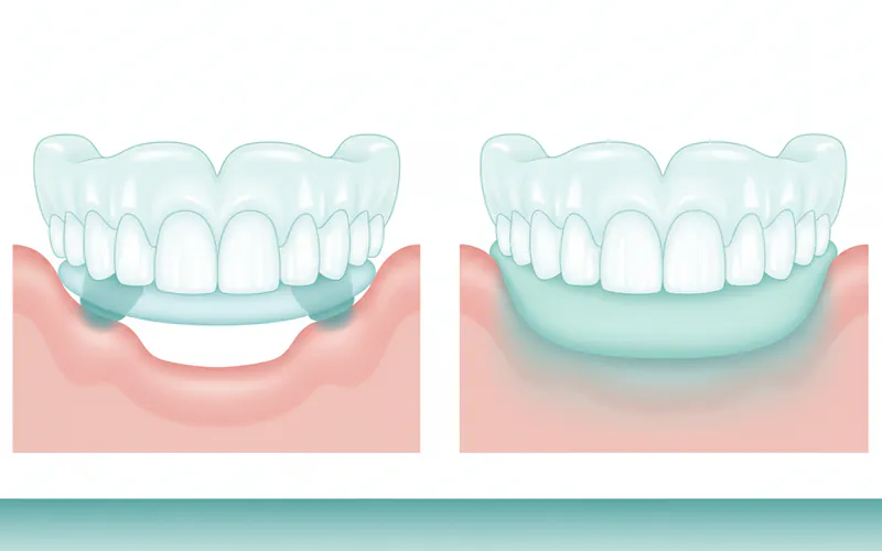 A side-by-side comparison illustrating a denture with an ill-fitting hard base vs. the same denture with a soft, cushioned liner perfectly conforming to the gum tissue, highlighting the gap reduction and pressure distribution.