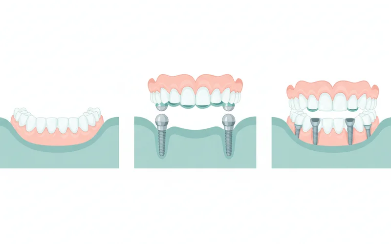 A diagram illustrating the difference between a traditional denture, an implant-retained overdenture (showing locator attachments on 2 implants), and an implant-supported fixed denture (showing a full arch bridge on 4 implants).
