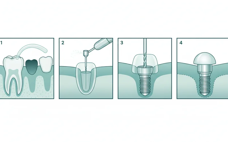 A series of illustrations showing the step-by-step process of implant placement: 1. Bone assessment, 2. Drilling pilot hole, 3. Implant insertion, 4. Healing cap placement and gum closure.