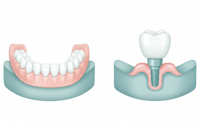 Side-by-side comparison of a traditional full denture and a dental implant with a crown attached to the jawbone