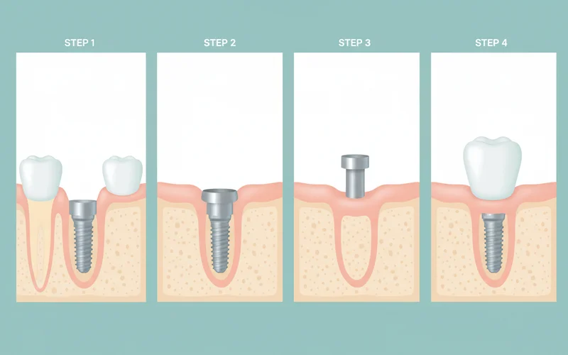 A step-by-step diagram showing dental implant placement, starting with a missing tooth, then implant screw in bone, then abutment, then crown