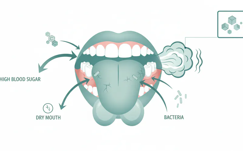 An illustration showing various parts of the mouth (tongue, gums, teeth, salivary glands) with arrows pointing to how high blood sugar, dry mouth, and bacteria contribute to bad breath. Include a small inset showing ketones.