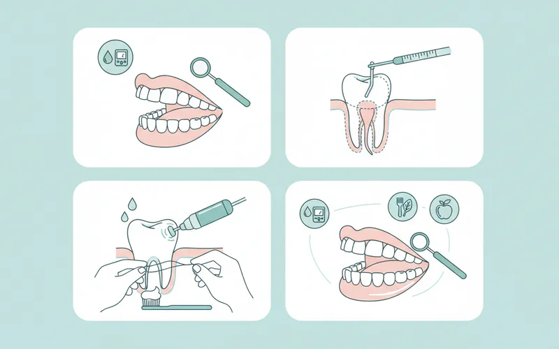 A step-by-step infographic showing the stages of dental care for a diabetic patient: 1. Initial exam, 2. Periodontal probing, 3. Deep cleaning, 4. Follow-up. Include icons for blood sugar monitoring and healthy eating.