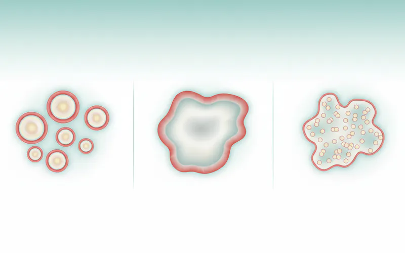 A diagram illustrating the different types of canker sores (minor, major, herpetiform) with their typical sizes and appearances.
