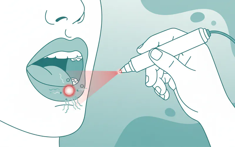A patient receiving low-level laser therapy (LLLT) on a canker sore inside their mouth, showing a small handheld laser device.
