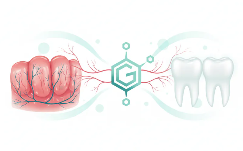 An illustration showing the interconnectedness of blood sugar levels (e.g., a glucose molecule) impacting gum tissue (e.g., inflamed gums) and healthy teeth.