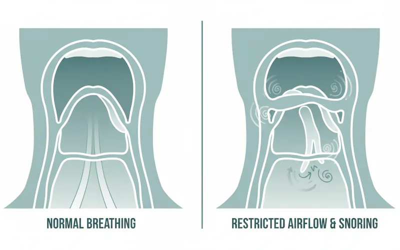 Illustration showing a cross-section of the throat, differentiating between normal breathing and restricted airflow causing snoring. Highlight the vibrating soft palate and uvula during snoring.