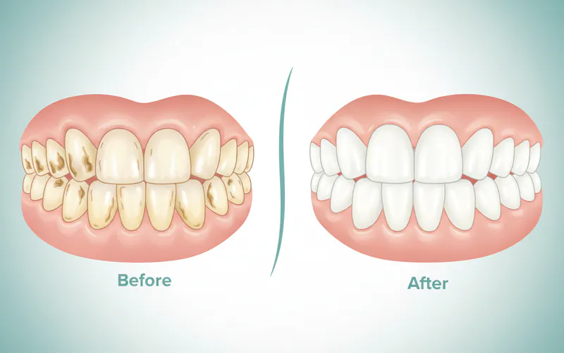 Before and after comparison of teeth affected by acid erosion, showing eroded and discolored teeth on the left, and teeth restored with bonding or veneers on the right.