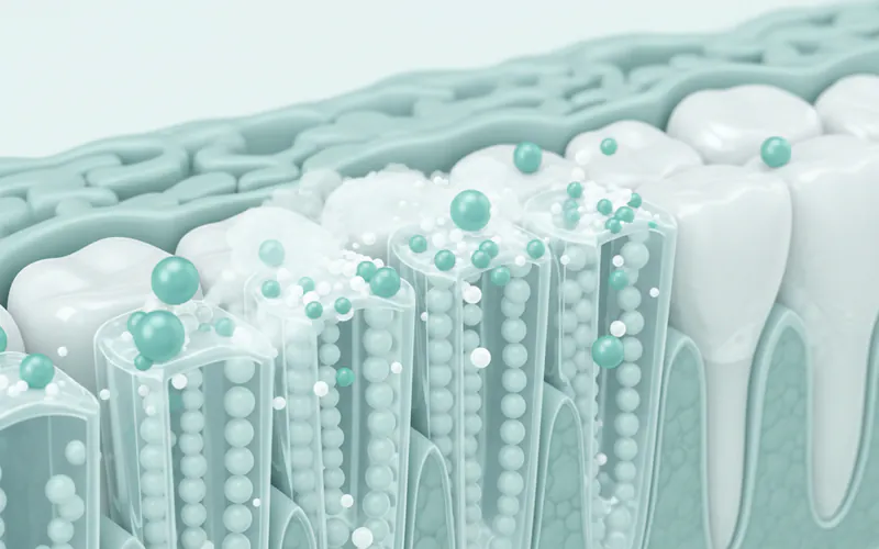detailed illustration showing the microscopic structure of tooth enamel, highlighting the hydroxyapatite crystals and showing calcium and phosphate ions integrating into the surface during remineralization