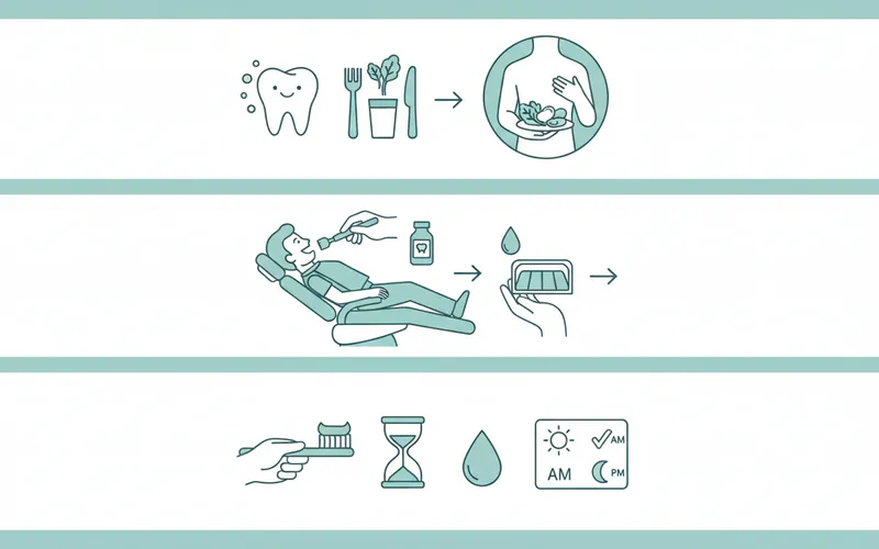 step-by-step visual infographic depicting a patient journey through a dental visit focusing on remineralization, showing dietary counseling, professional fluoride application, and home care instructions
