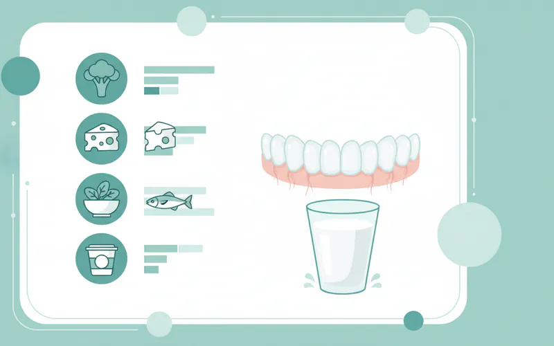 infographic showing high-calcium foods with their calcium content, paired with images of healthy teeth and a glass of milk